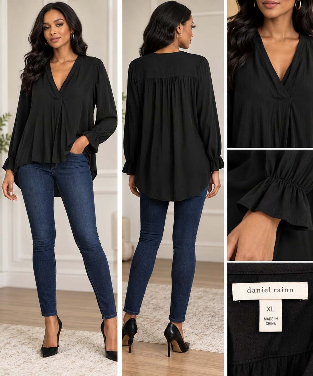 Daniel Rainn V-Neck Long Sleeve Blouse Size XL Black Ruffle Cuffs